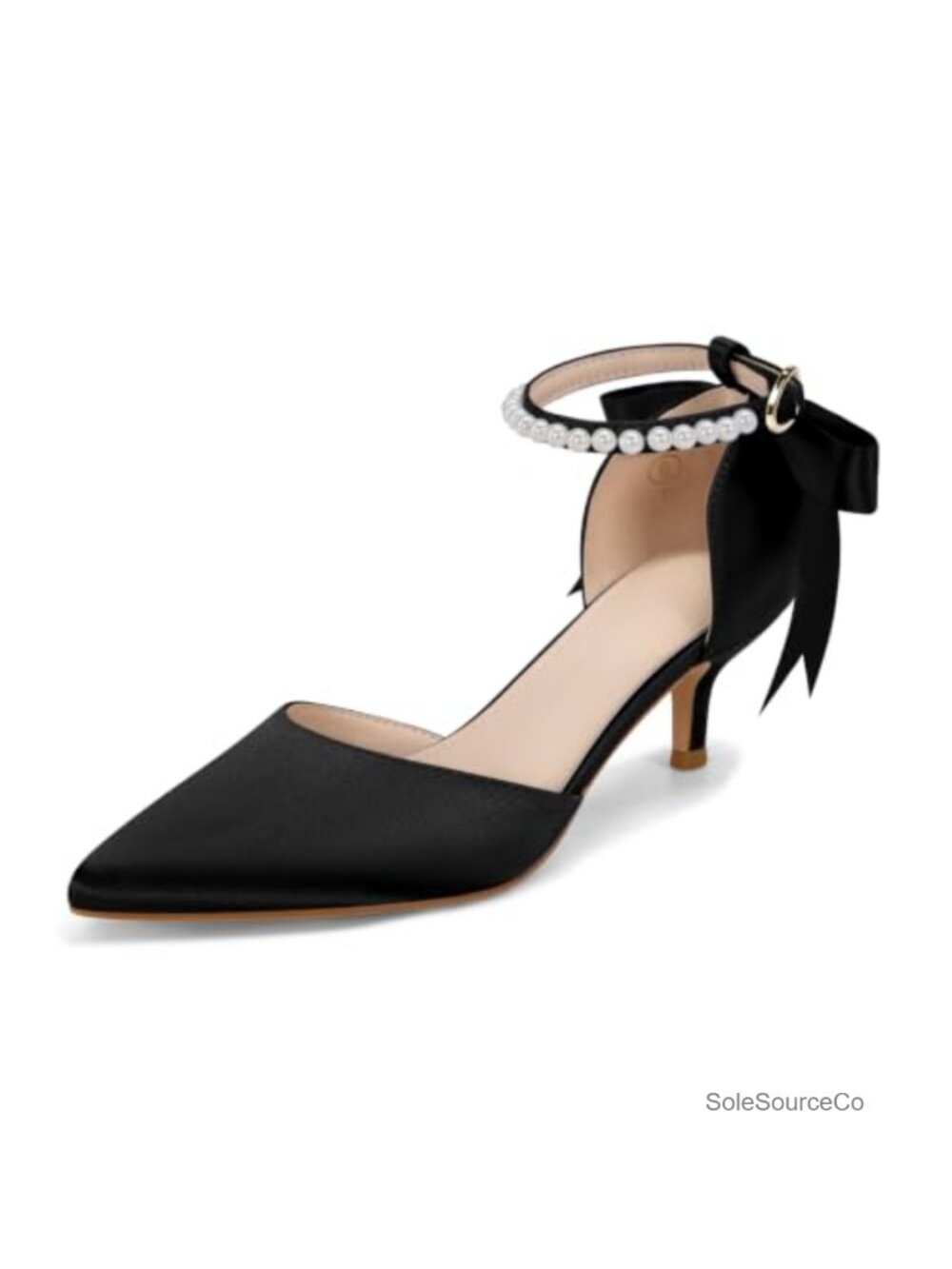 Coutgo Kitten Heels Satin Pearl Ankle Strap Bow Pointed Toe Pumps